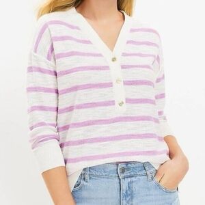 LOFT Striped Henley V-Neck Sweater Size M Lavender Cream
